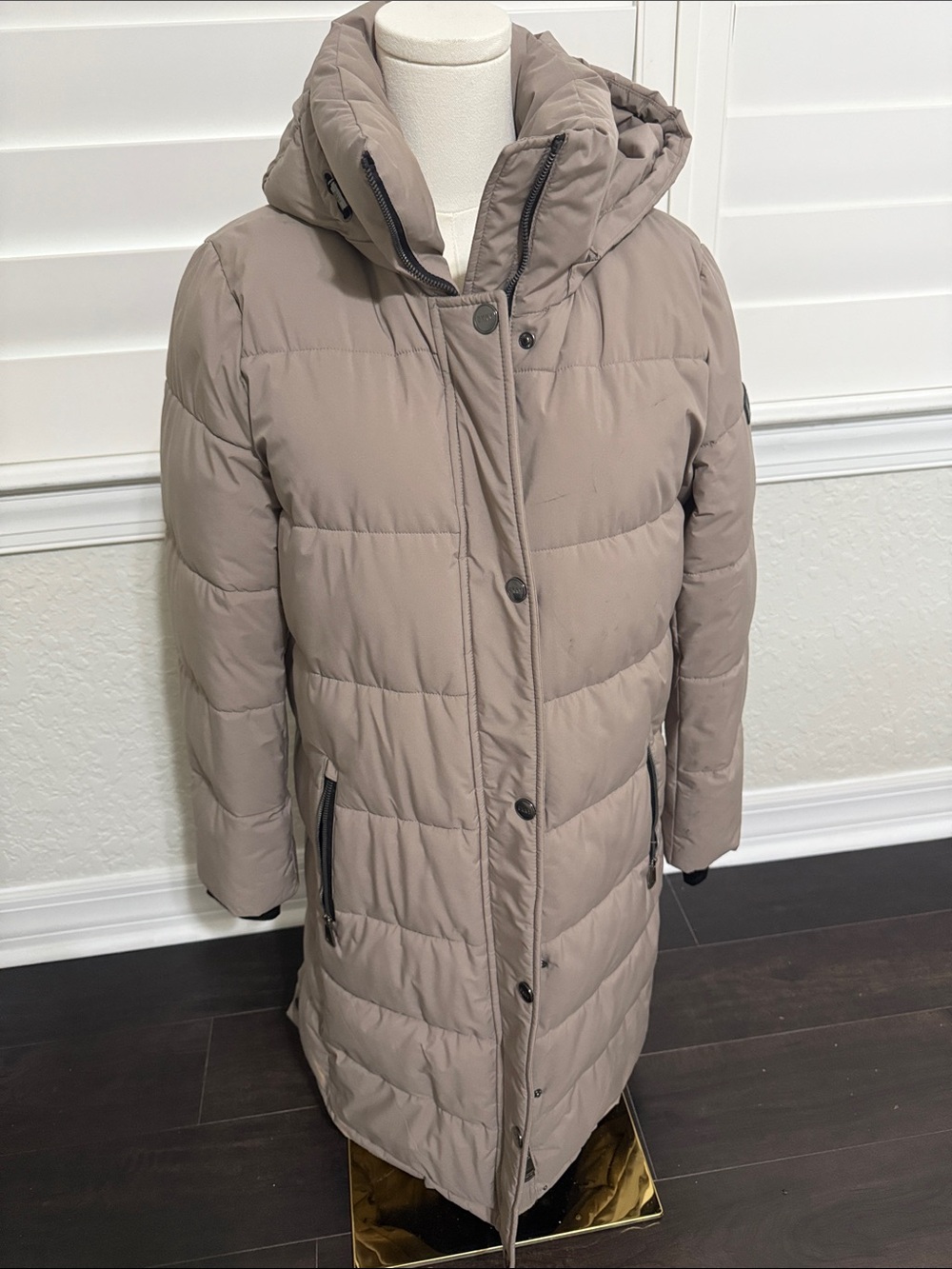 DKNY Taupe Long Hooded Puffer Coat